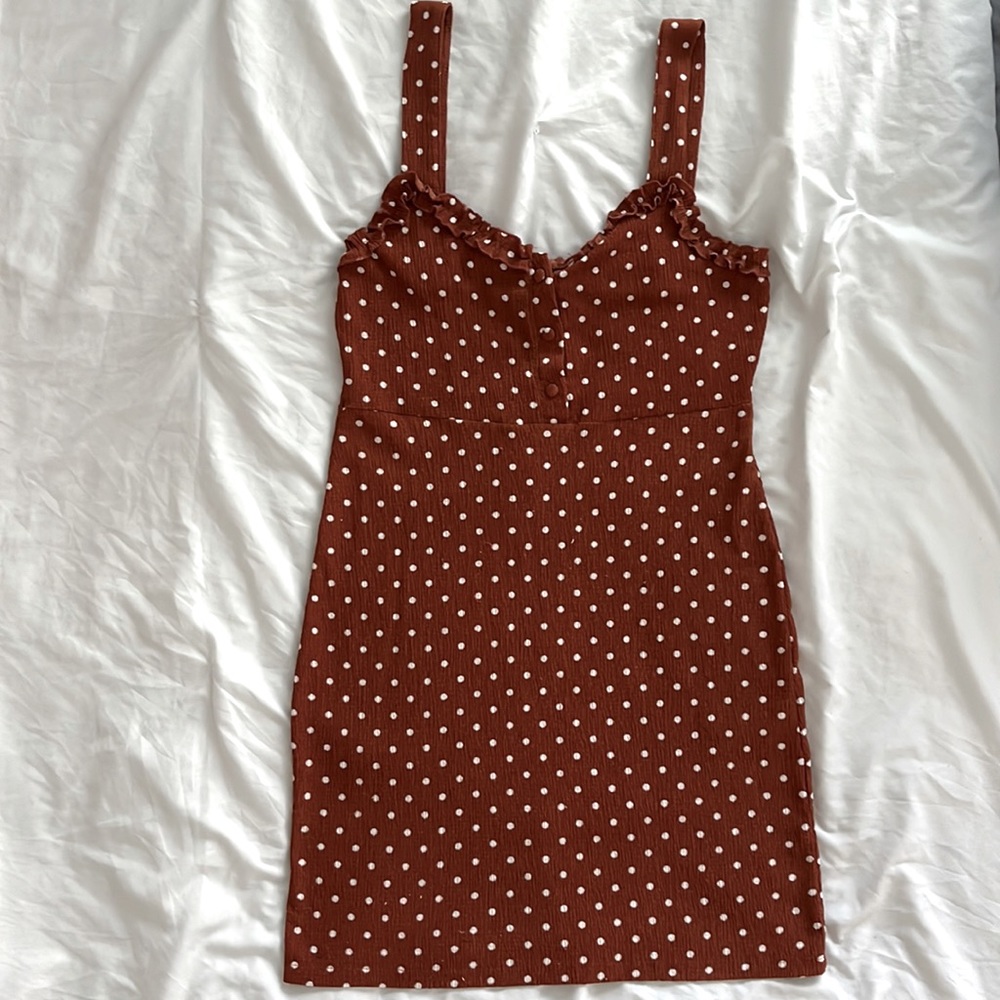 Large Urban Outfitters Burnt Orange/ White Polka Dot Mini Body Con Dress
